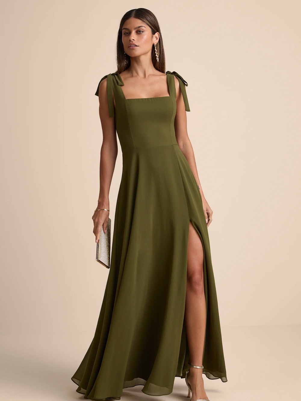 Lulu's Olive Green Tie-Shoulder Maxi Dress